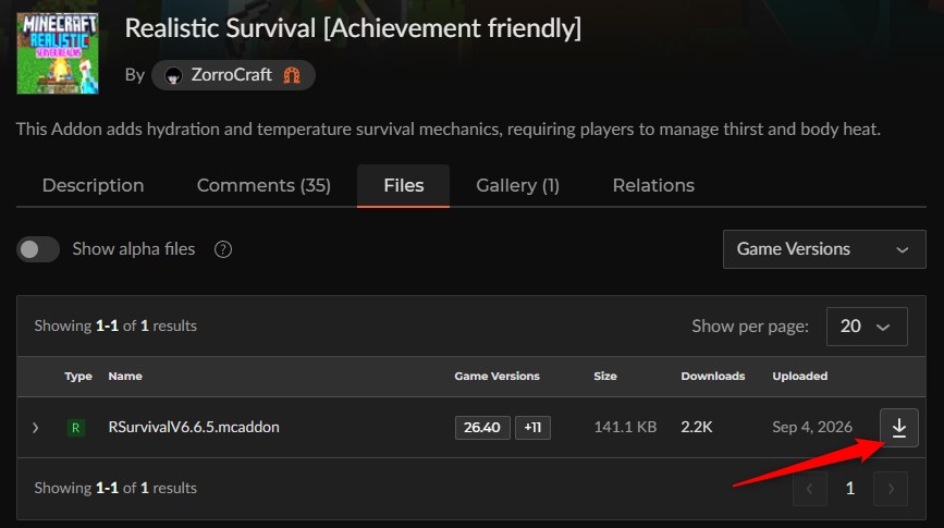 リアルアドオン「Realistic Survival」の入れ方1｜カースフォージで最新ファイルを選ぶ