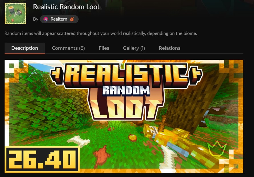 マイクラ統合版のリアルアドオン「Realistic Random Loot」のカースフォージ配布ページ