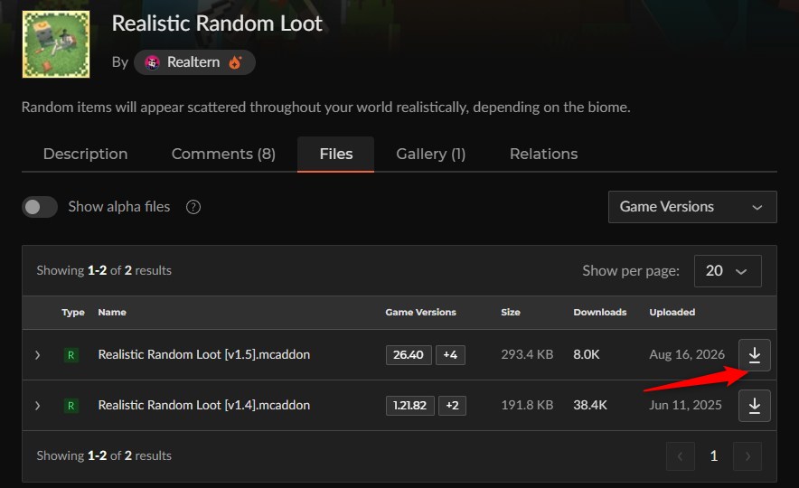 リアルアドオン「Realistic Random Loot」の入れ方1｜カースフォージで最新ファイルを選ぶ