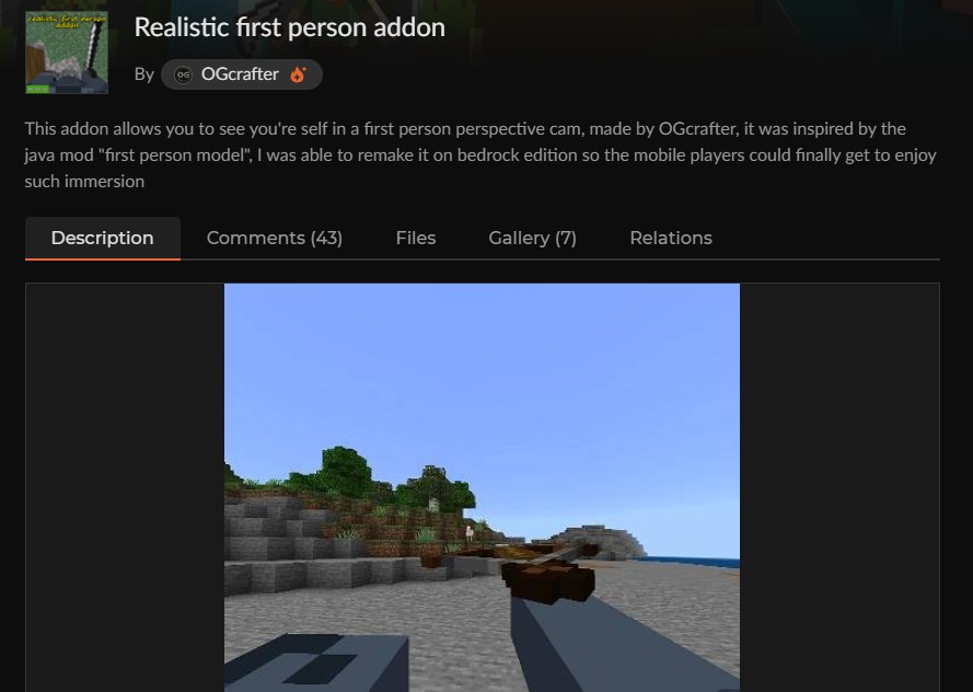 マイクラ統合版のリアルアドオン「Realistic First Person Addon」のカースフォージ配布ページ