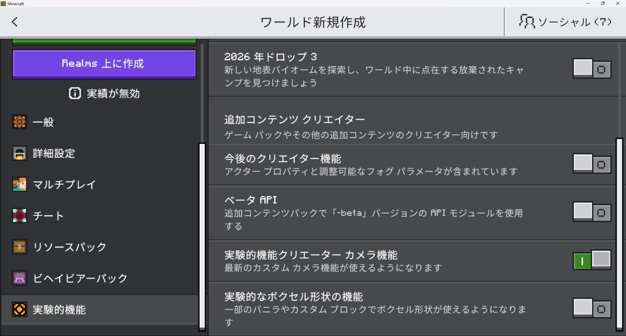 リアルアドオン「Realistic First Person Addon」の入れ方4｜クリエイターカメラの実験機能をONにする