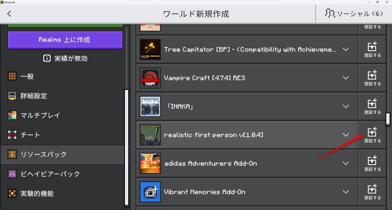 リアルアドオン「Realistic First Person Addon」の入れ方5｜リソースパックを認証する
