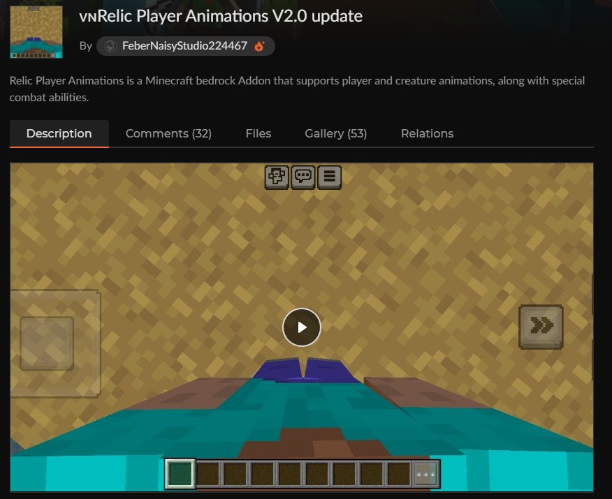 マイクラ統合版のアニメーションアドオン「Relic Player Animations」のCurseForge配布ページ