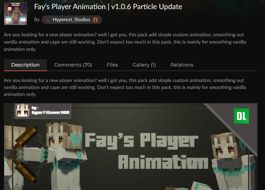 マイクラ統合版のアニメーションアドオン「Fay's Player Animation」のCurseForge配布ページ