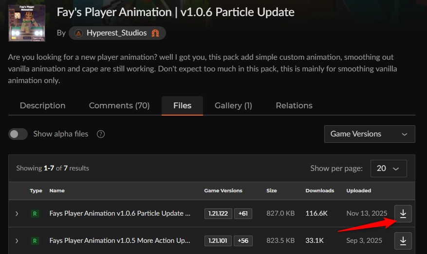「Fay's Player Animation」のCurseForgeダウンロードページ（Filesタブ）