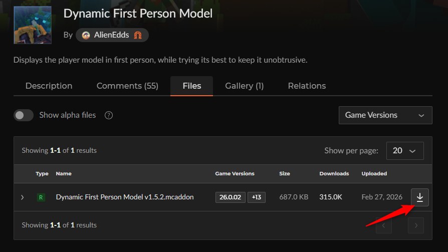 「Dynamic First Person Model」のCurseForgeダウンロードページ（Filesタブ）