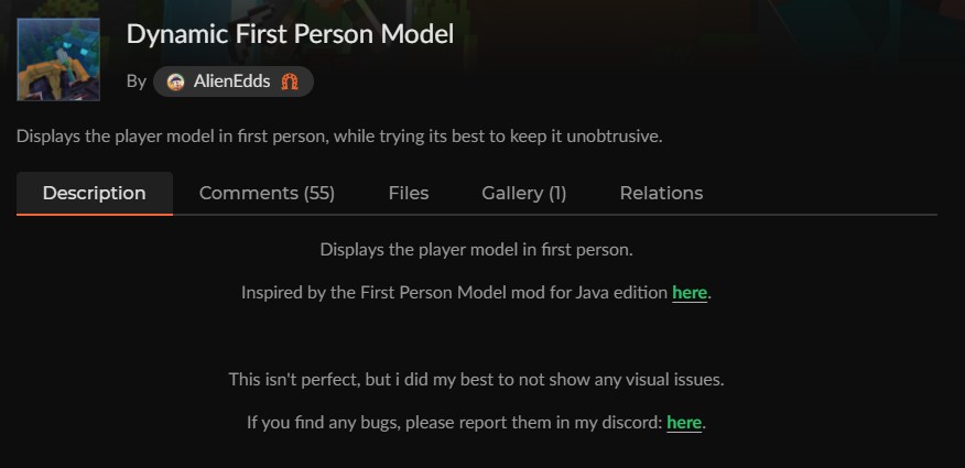 マイクラ統合版のアニメーションアドオン「Dynamic First Person Model」のCurseForge配布ページ