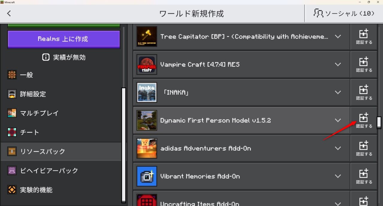 「Dynamic First Person Model」のリソースパックを認証する画面