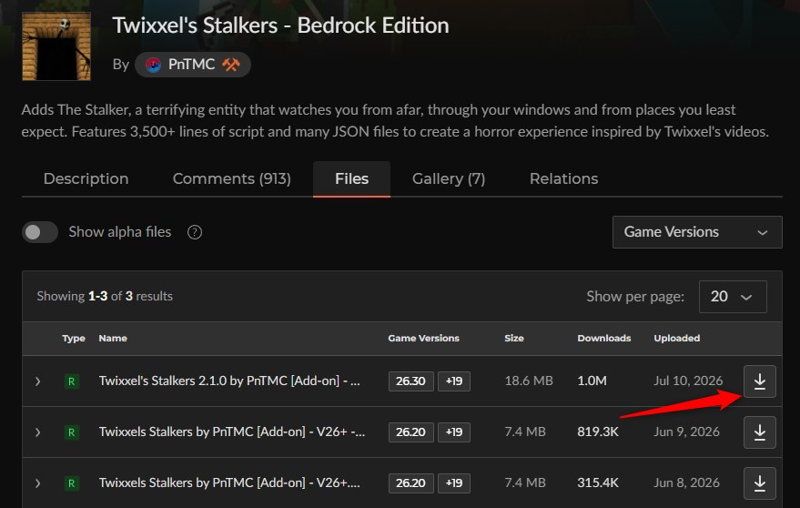 Twixxel's Stalkersのカースフォージのファイル一覧から最新ファイルを選ぶ画面