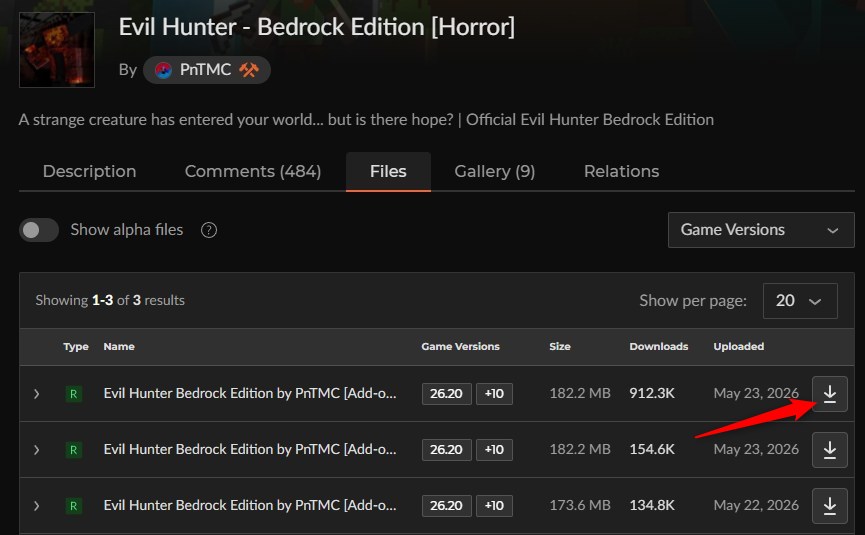 Evil Hunterのカースフォージのファイル一覧で「Crash bug Fixed 2.0」の最新ファイルを選ぶ画面