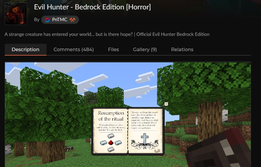 マイクラ統合版のホラーアドオン「Evil Hunter - Bedrock Edition」のカースフォージ配布ページ