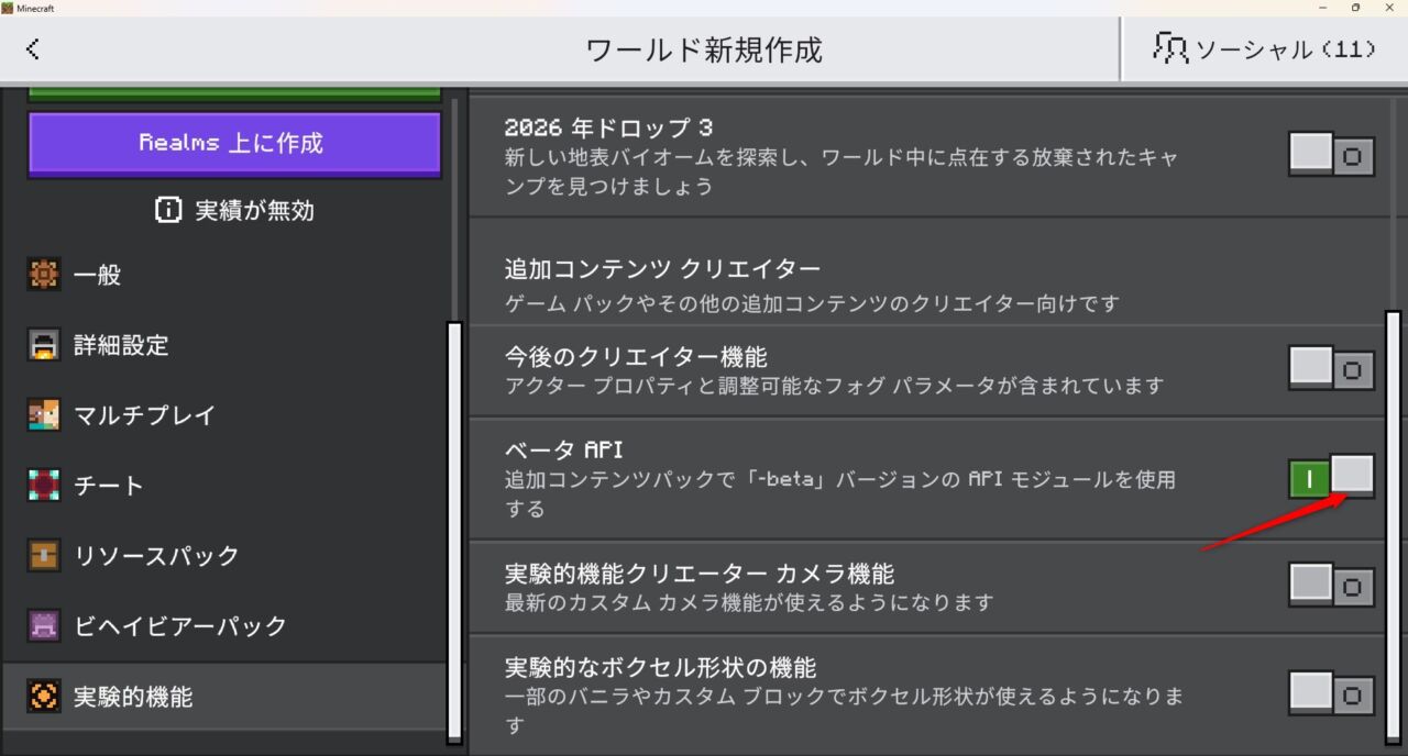 Evil Hunterを動かすためにワールド作成画面でベータAPIをオンにする設定