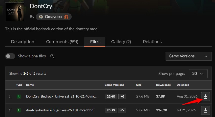 DontCryのカースフォージのファイル一覧から最新の「Universal」ファイルを選ぶ画面