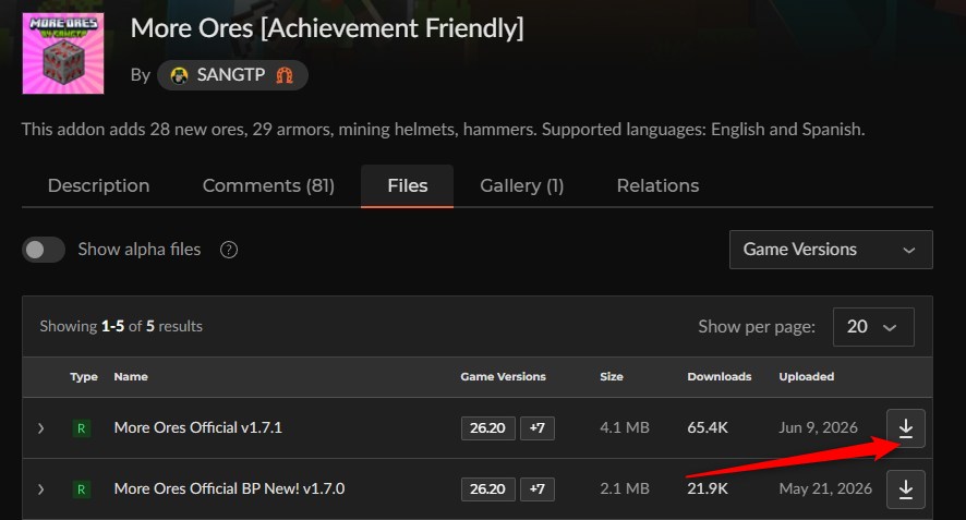 More Ores Official v1.7.1をCurseForgeのファイル一覧からダウンロードする画面