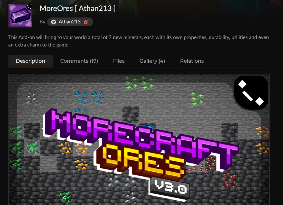 マイクラ鉱石アドオン「MoreOres [ Athan213 ]」のCurseForge配布ページ
