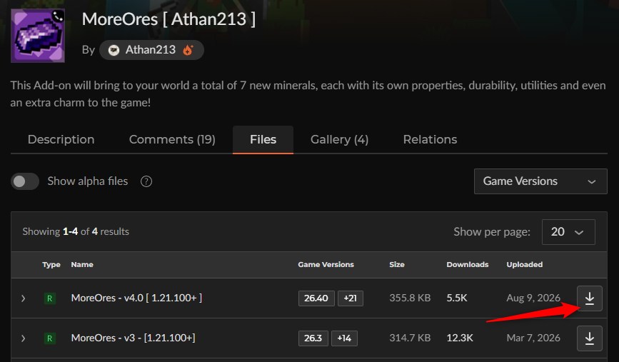 MoreOres v4.0のmcaddonファイルをCurseForgeからダウンロードする画面