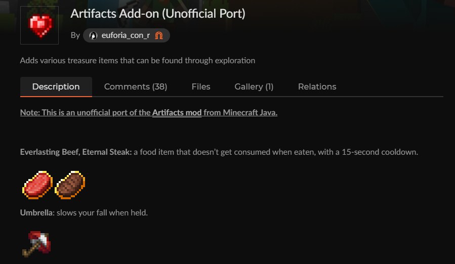 マイクラ統合版のアクセサリーアドオン「Artifacts Add-on」のカースフォージ配布ページ