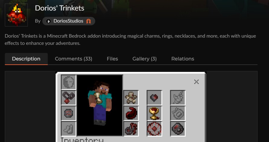 マイクラ統合版のアクセサリーアドオン「Dorios' Trinkets」のカースフォージ配布ページ