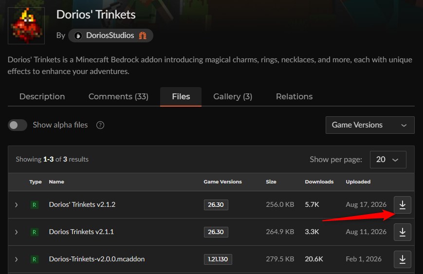 アクセサリーアドオン「Dorios' Trinkets」の入れ方1｜カースフォージのファイル一覧から最新版を選ぶ