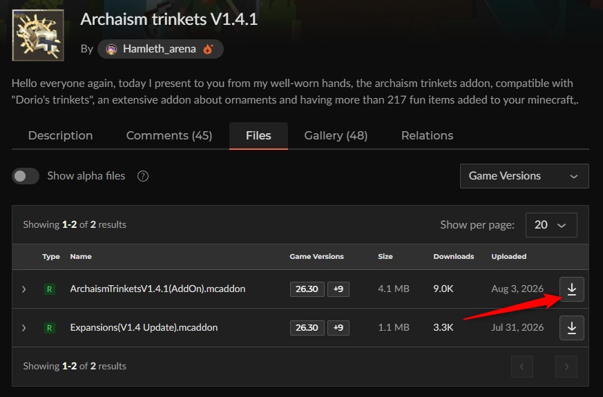 アクセサリーアドオン「Archaism trinkets」の入れ方1｜カースフォージのファイル一覧から本体ファイルを選ぶ