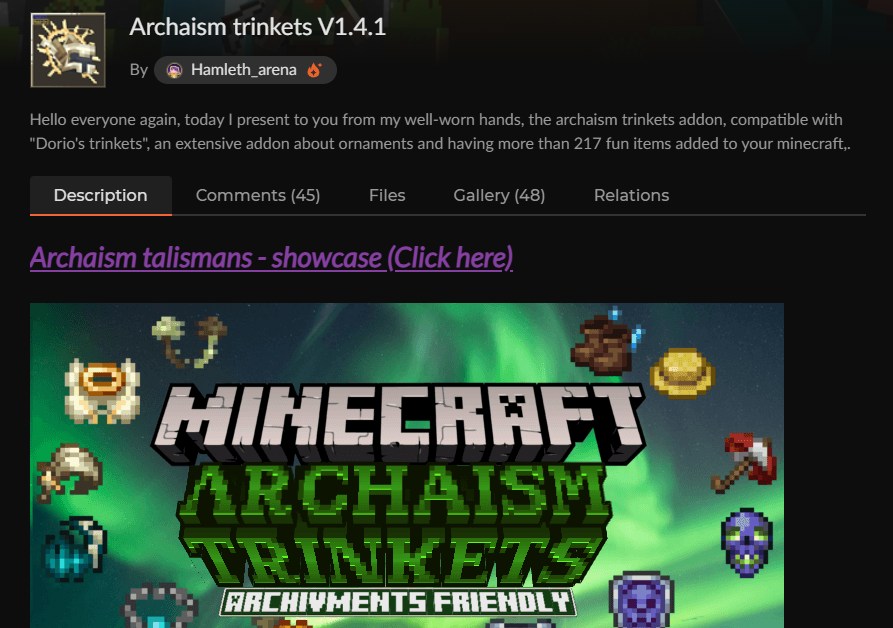 マイクラ統合版のアクセサリーアドオン「Archaism trinkets」のカースフォージ配布ページ