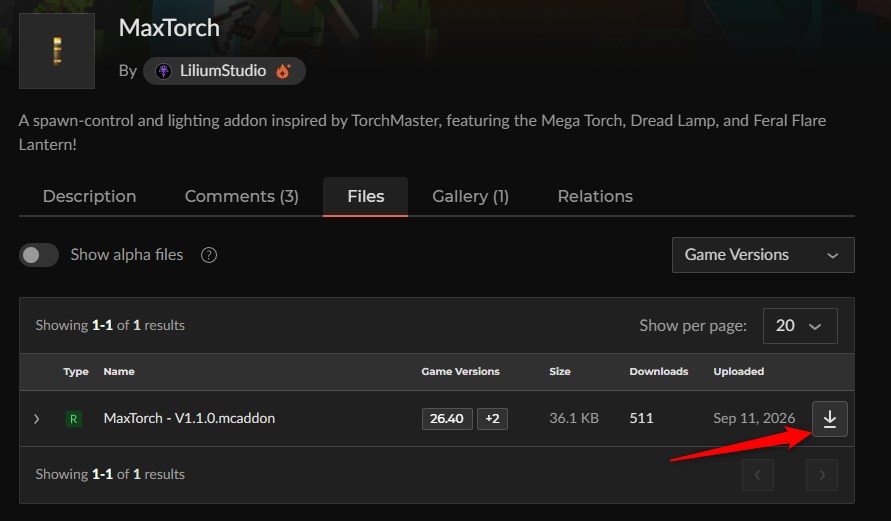 MaxTorchの最新ファイルをCurseForgeからダウンロードする画面