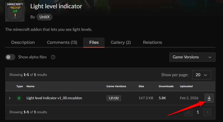 Light level indicatorの最新ファイルをCurseForgeからダウンロードする画面