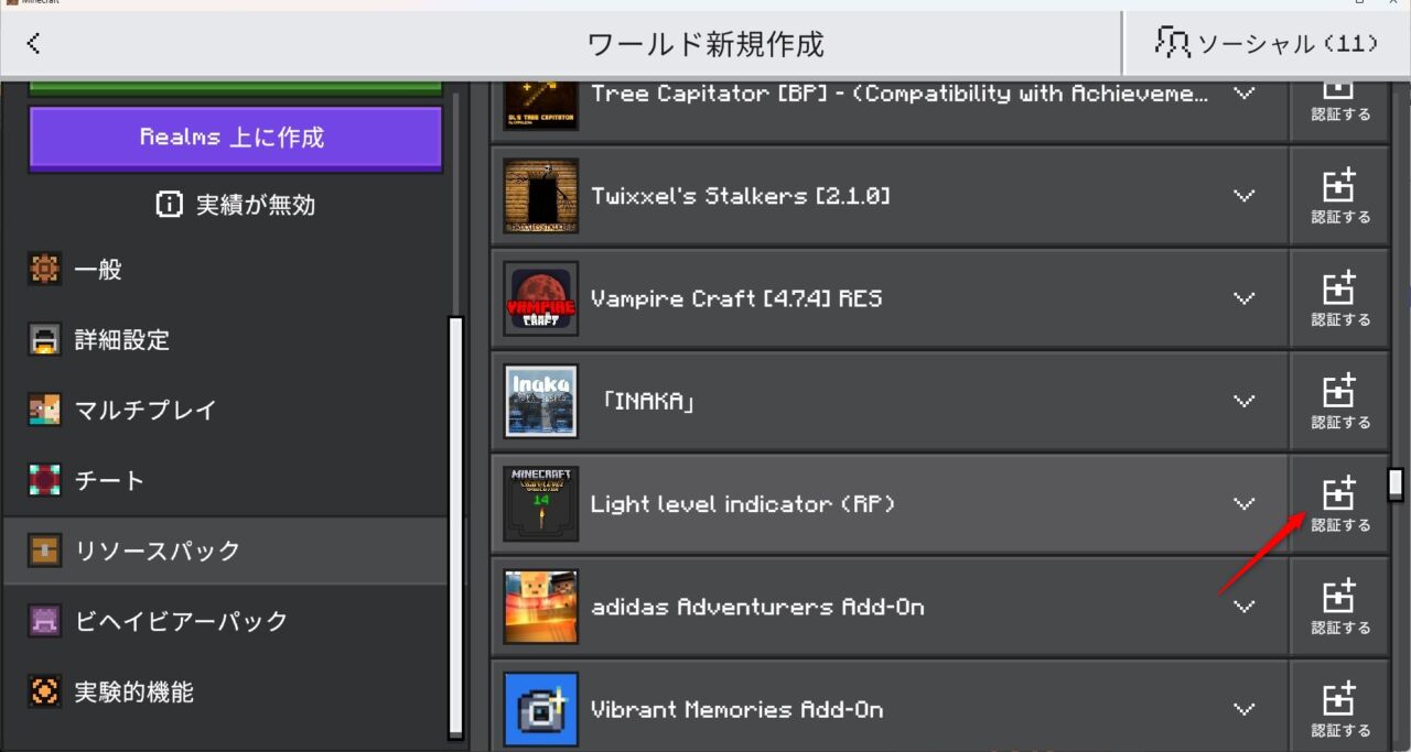 ワールド設定でLight level indicatorのビヘイビアパックを有効化する画面