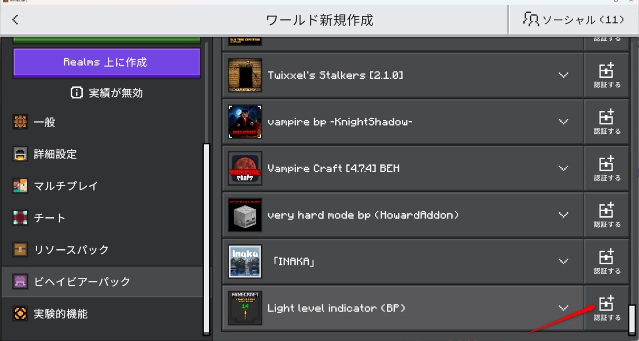 ワールド設定でLight level indicatorのリソースパックを有効化する画面