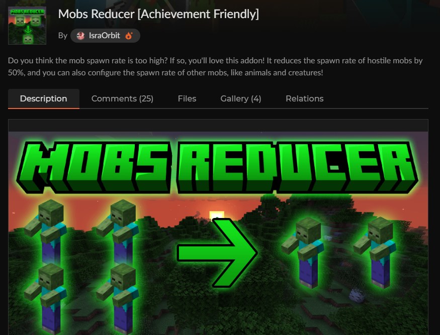 マイクラ湧き潰しアドオンHostile Mobs ReducerのCurseForge配布ページ
