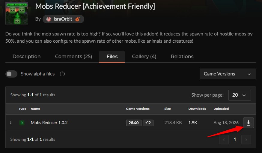 Hostile Mobs Reducerの最新ファイルをCurseForgeからダウンロードする画面