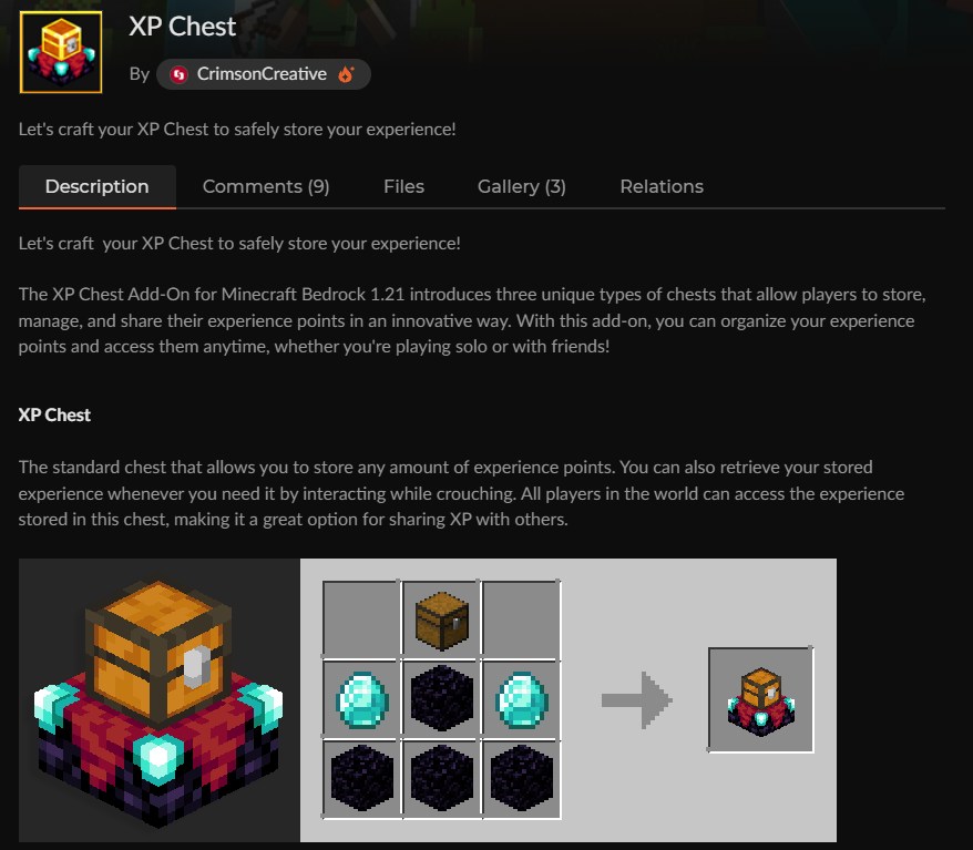 マイクラ統合版の経験値アドオンXP ChestのCurseForge配布ページ