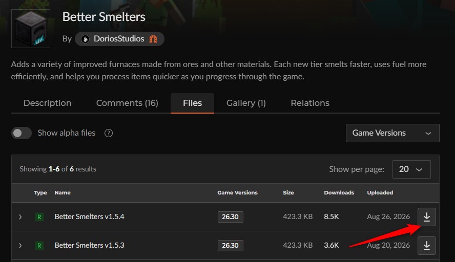 Better SmeltersのCurseForgeファイル一覧（Better Smelters v1.5.4）