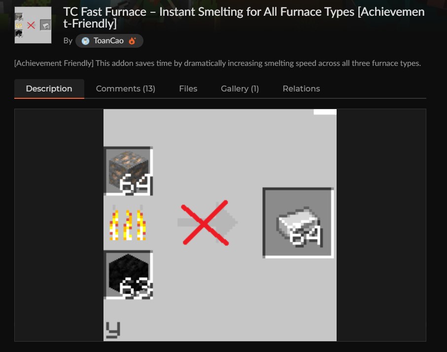 マイクラかまどアドオン「TC Fast Furnace」のCurseForge配布ページ