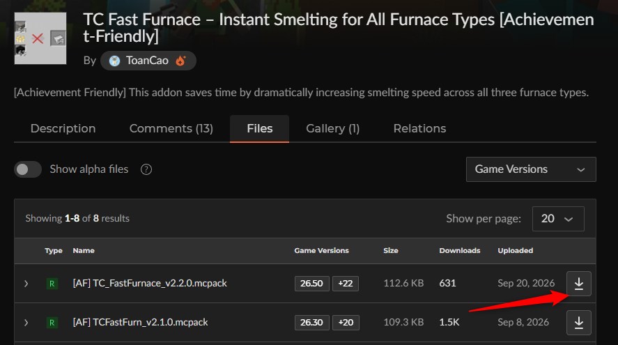 TC Fast FurnaceのCurseForgeファイル一覧