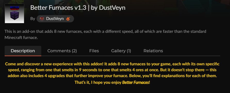 マイクラかまどアドオン「Better Furnaces v1.3」のCurseForge配布ページ