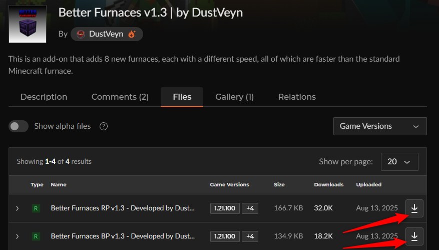 Better Furnaces v1.3のCurseForgeファイル一覧（RPとBPの2ファイル）
