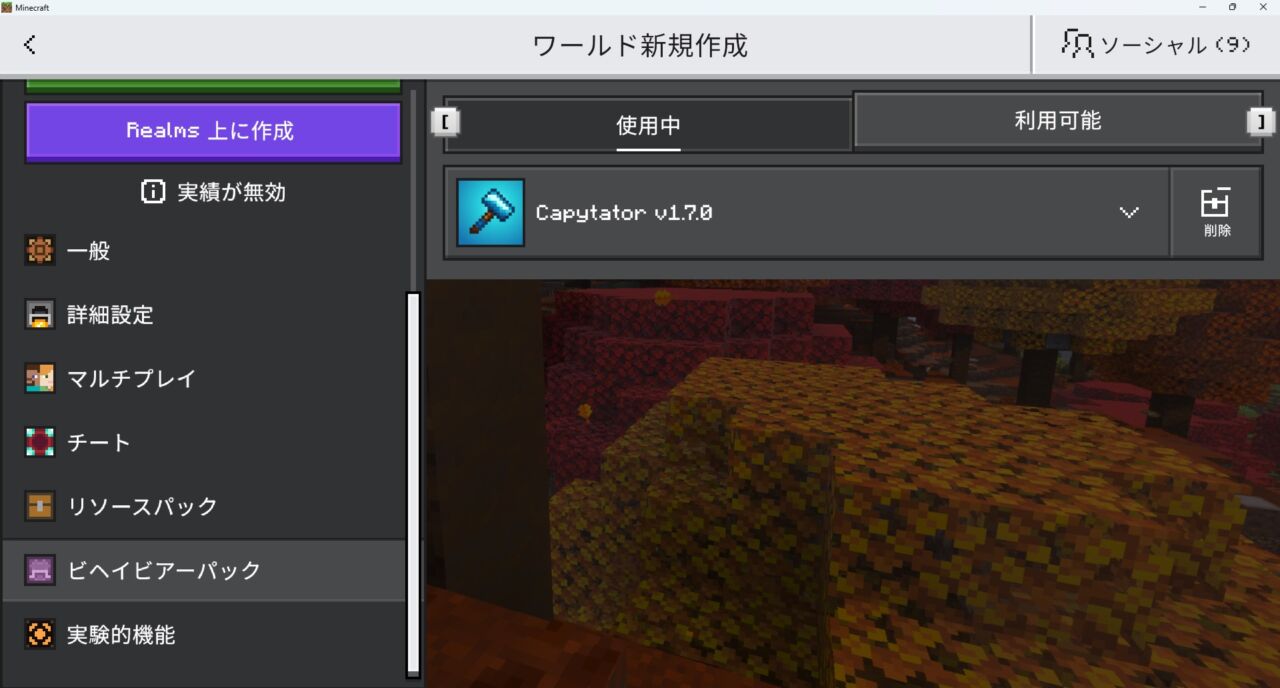 ワールド設定のリソースパックでCapytatorを有効化する画面