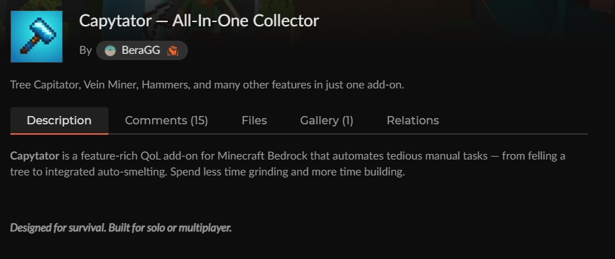 オートクリッカーアドオンの代用「Capytator」のCurseForge配布ページ
