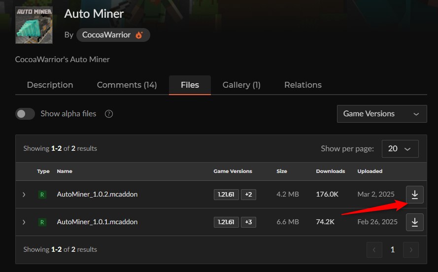 CurseForgeのAuto Minerファイル一覧(AutoMiner_1.0.2)
