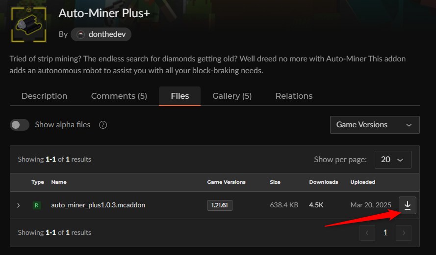 CurseForgeのAuto-Miner Plus+ファイル一覧(v1.0.3)