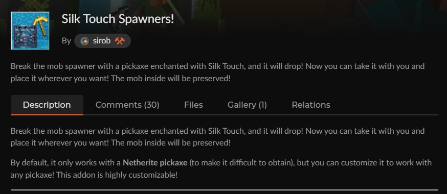 マイクラ統合版のスポナーアドオン「Silk Touch Spawners!」のCurseForge配布ページ