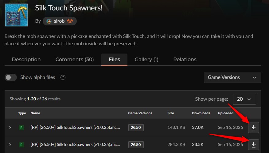 Silk Touch Spawners!のファイル一覧（BPとRPの2ファイル）