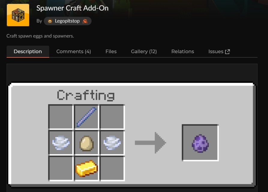 マイクラ統合版のスポナーアドオン「Spawner Craft」のCurseForge配布ページ