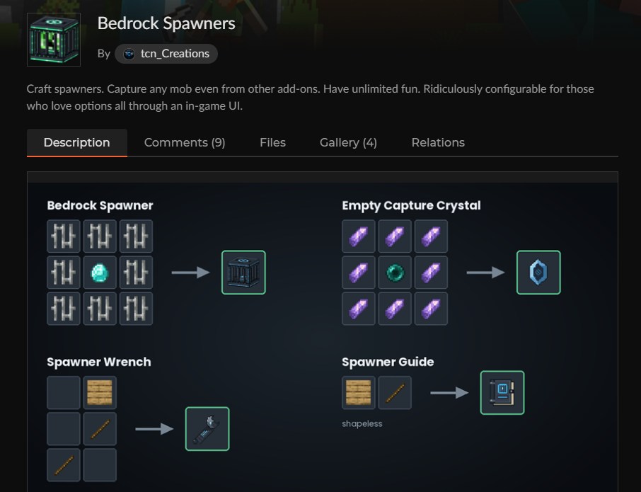 マイクラ統合版のスポナーアドオン「Bedrock Spawners」のCurseForge配布ページ