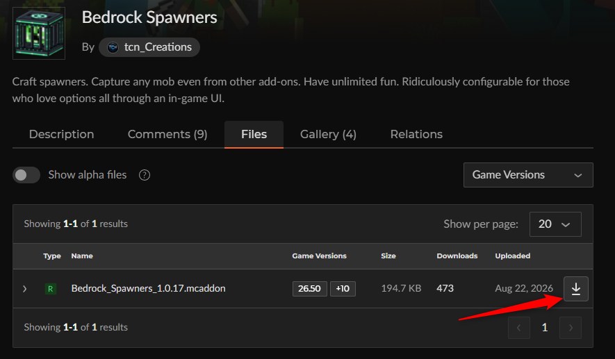 Bedrock Spawnersのファイル（Bedrock_Spawners_1.0.17.mcaddon）