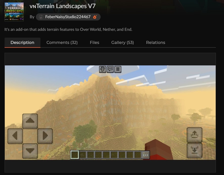 地形生成アドオン「Terrain Landscapes V7」のCurseForge配布ページ