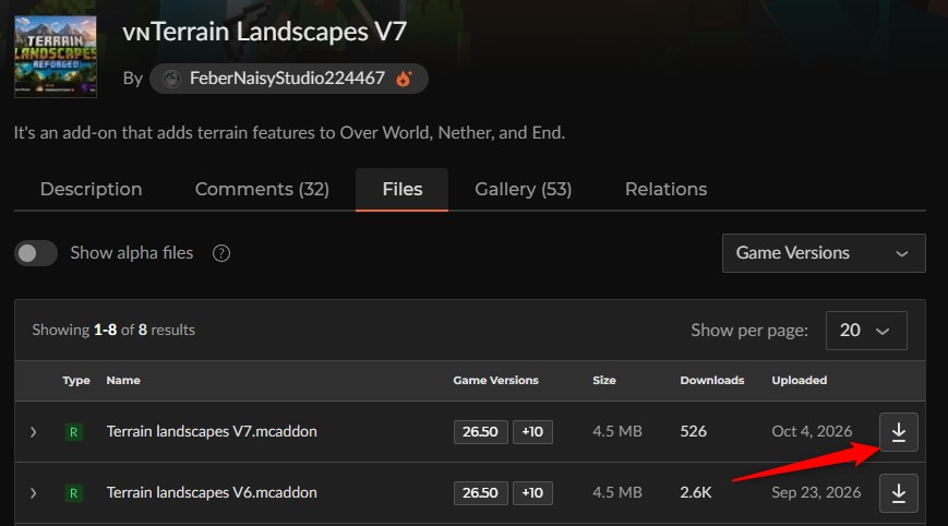 CurseForgeでTerrain Landscapes V7の最新ファイルを選ぶ画面