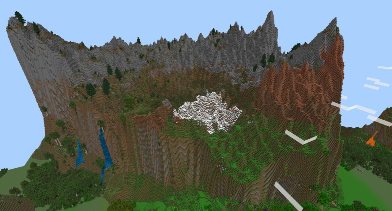 Terrain Landscapes V7を入れた新しいワールドで生成された山岳地形