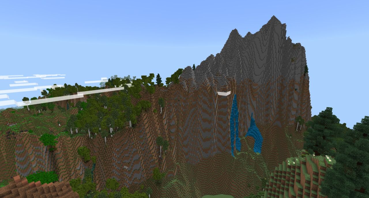 Terrain Landscapes V7で高い山と深い谷が生成されたマイクラ統合版の地形